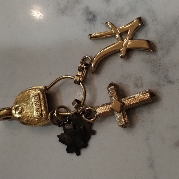 Monet gold tone charms monogram H cross and maple leaves 2 inches long - Picture 5 of 8
